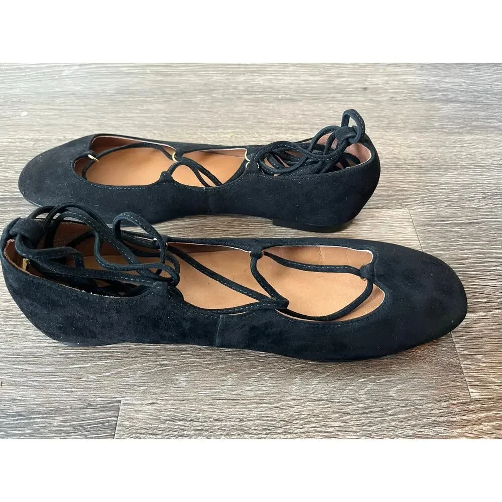 Madewell The Greta Lace-Up Ballet Flat in True Black Suede Size 9